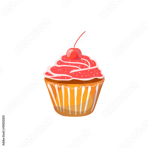 Muffin with cherry on a white background. Vector illustration of baking. Isolated vector illustration on white background