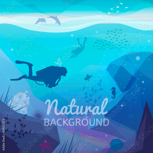 Underwater diving infographics natural background.  Landscape of marine life - Island in the ocean and underwater world with different animals. Low polygon style flat illustrations