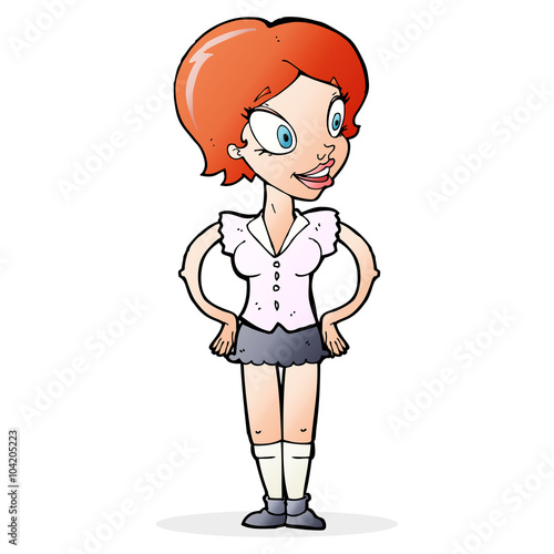 cartoon happy woman in short skirt