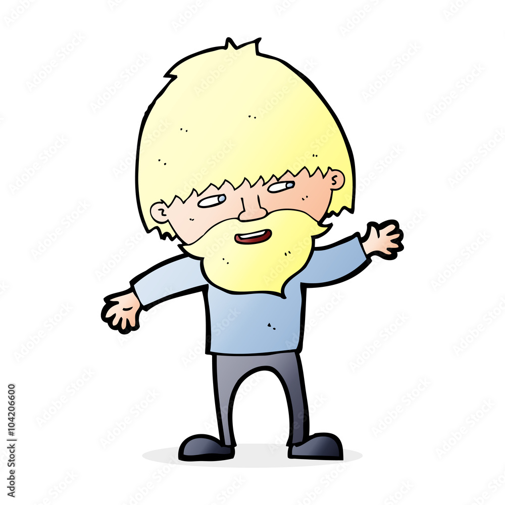 cartoon happy bearded man waving