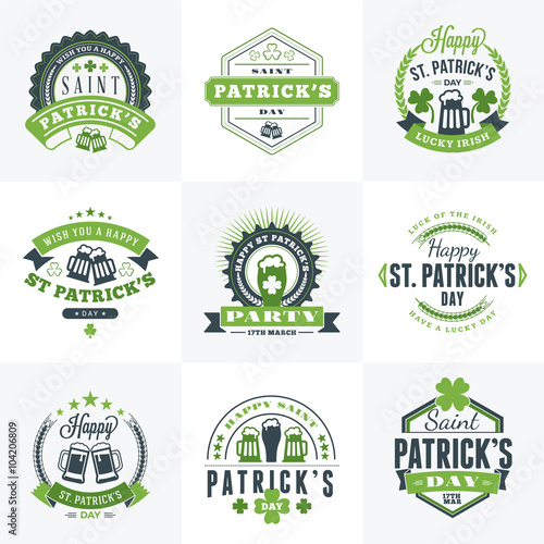 Set of St. Patricks Day Retro Holiday Badges. Vector Greetings Card Design. Saint Patricks Day Background. Happy Saint Patricks Day