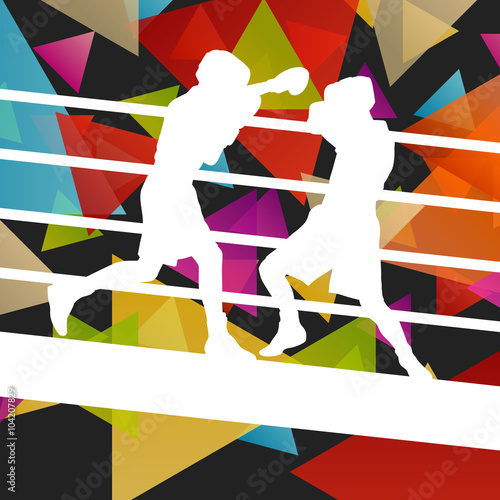 Boxing young and active men in abstract vector sport concept bac