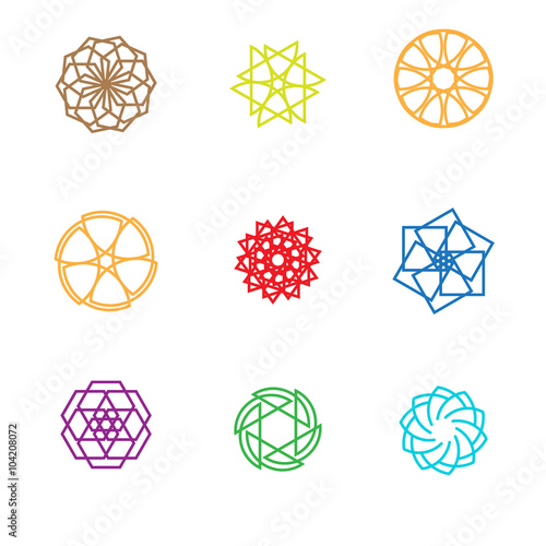 Logo element set. Colorful Abstract shapes forming circles, stars, hexagons and other shapes. Linear design. Vector sign template. 