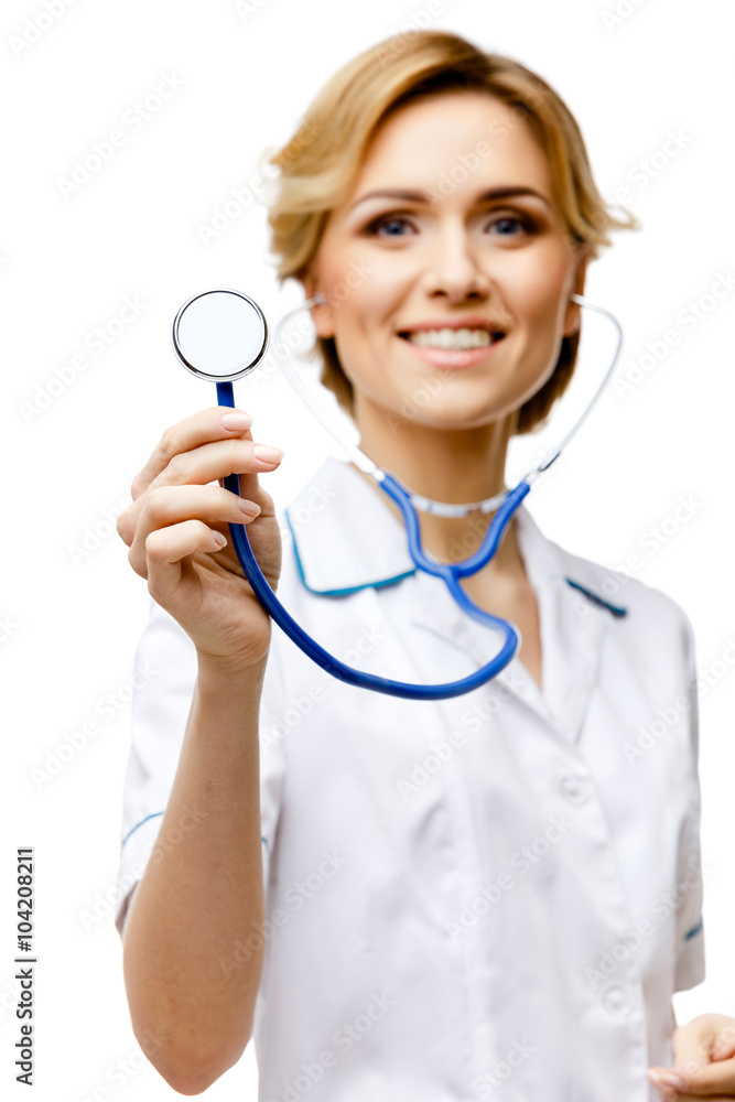 Woman doctor standing on white background Woman doctor standing on white background