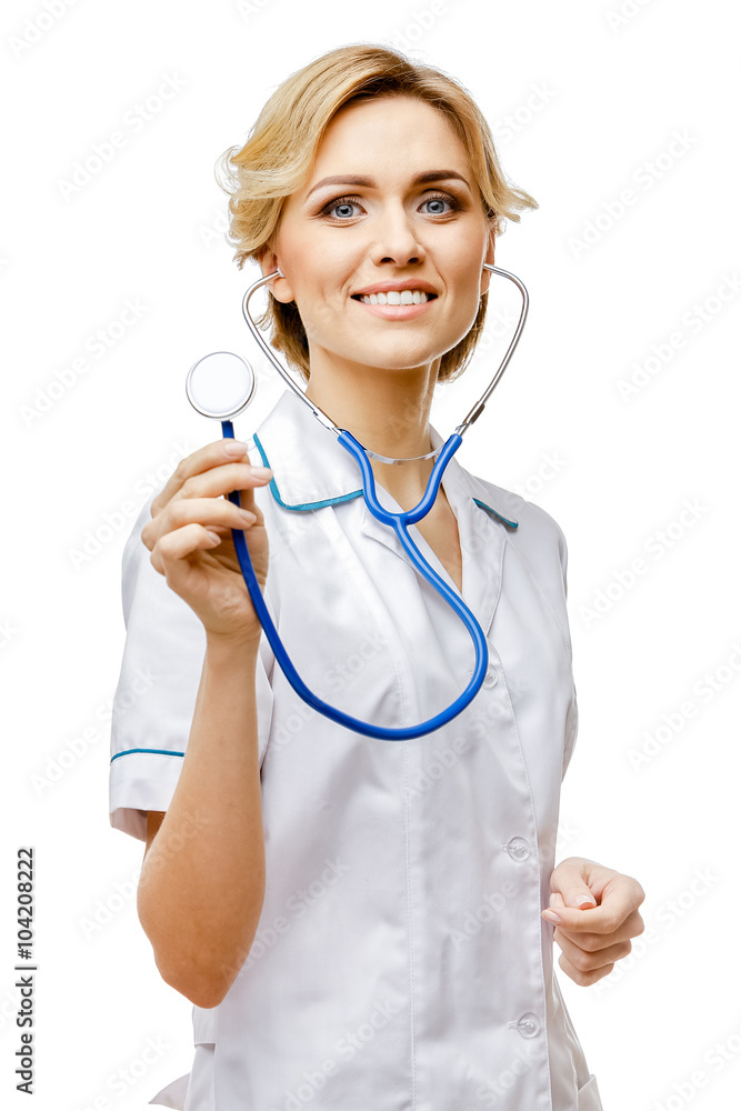 Woman doctor standing on white background Woman doctor standing on white background