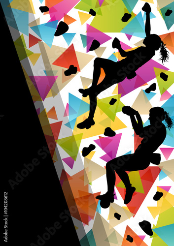 Children girl silhouettes on climbing wall in active and healthy