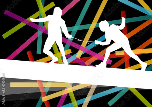 Fencing sport young and active men and women silhouettes in abst