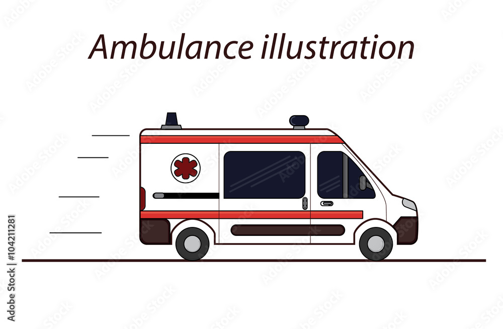 Ambulance flat line vector illustration. Detailed illustration of emergency car.