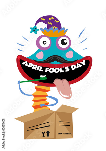 April Fool's Day or All Fool's Day text words as the Teeth Punchline of a Clown Toy Character Springing Up from a Box.  Editable Clip Art.
