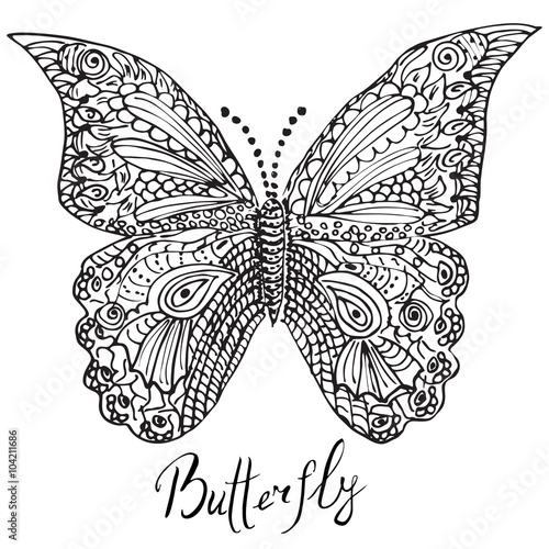 Ornamental hand drawn sketch of Butterfly in zentangle style. vector illustration with ornament, isolated