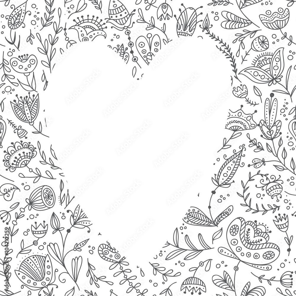 Vector frame with floral background and white heart