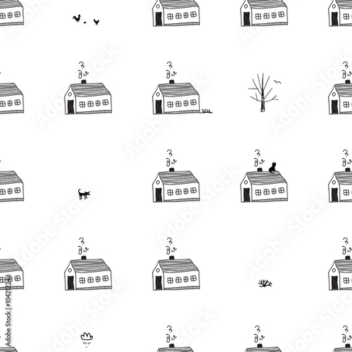 Vector seamless pattern with houses and city life