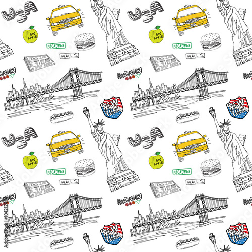 Tapety Wzór Nowego Jorku z ręcznie rysowane szkic taksówki, hot dog, burger, Statua wolności, gazeta, most manhatan. Rysunkowa doodle wektorowa ilustracja, odizolowywająca na bielu