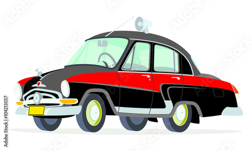 Caricatura GAZ Volga M21 policía soviética amarillo y azul vista frontal y lateral