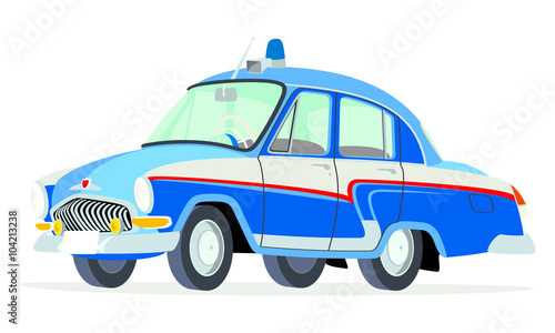 Caricatura GAZ Volga M21 policía checoslovaca azul y blanco vista frontal y lateral