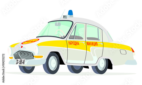Caricatura GAZ Volga M21 policía búlgara blanco y amarillo vista frontal y lateral