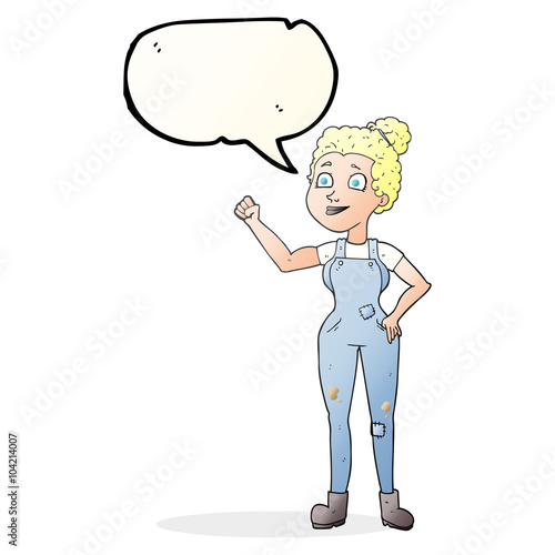 speech bubble cartoon woman in dungarees