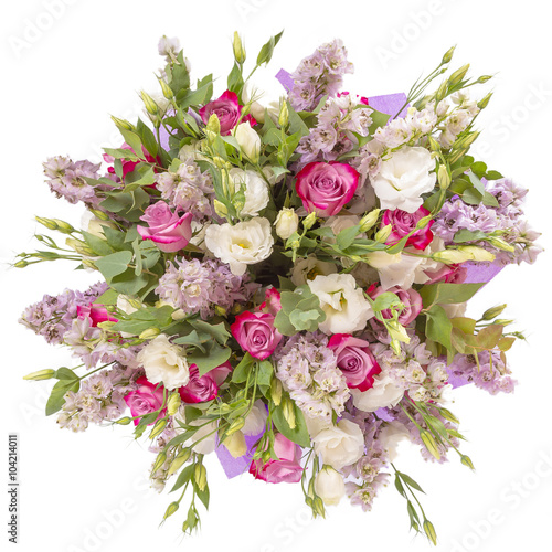 Bouquet of flowers top view isolated on white