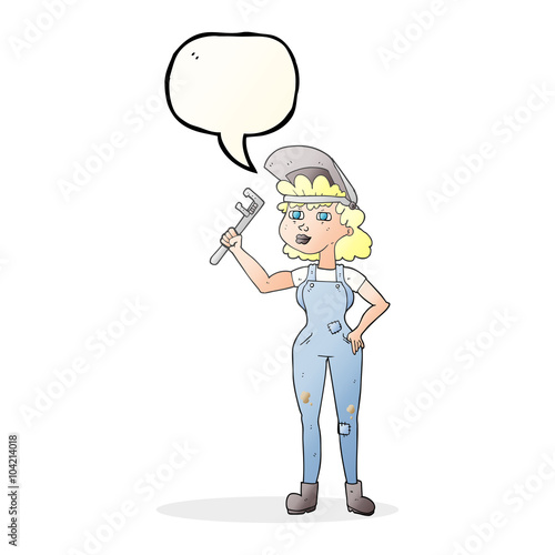 speech bubble cartoon capable woman with wrench
