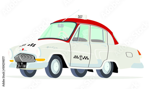 Caricatura GAZ Volga M21 taxi Rusia blanco y rojo vista frontal y lateral