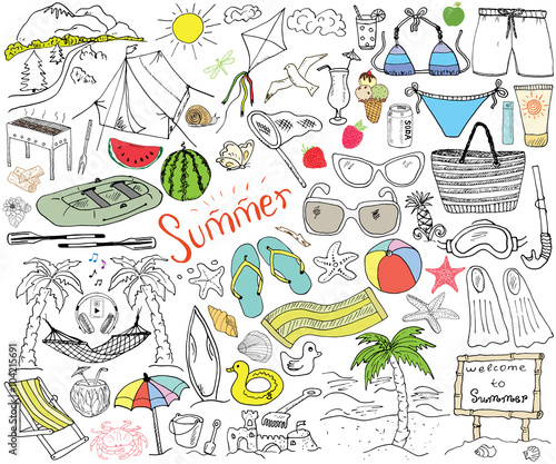 Summer season doodles elements. Hand drawn sketch set with sun, umbrella, sunglasses, palms and hammock, beach, camping items, mountains, tent, raft, grill, kite. Drawing doodle, isolated on white