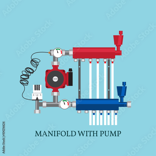 Manifold with Pump for  warm floor.  Vector illustration. Flat h