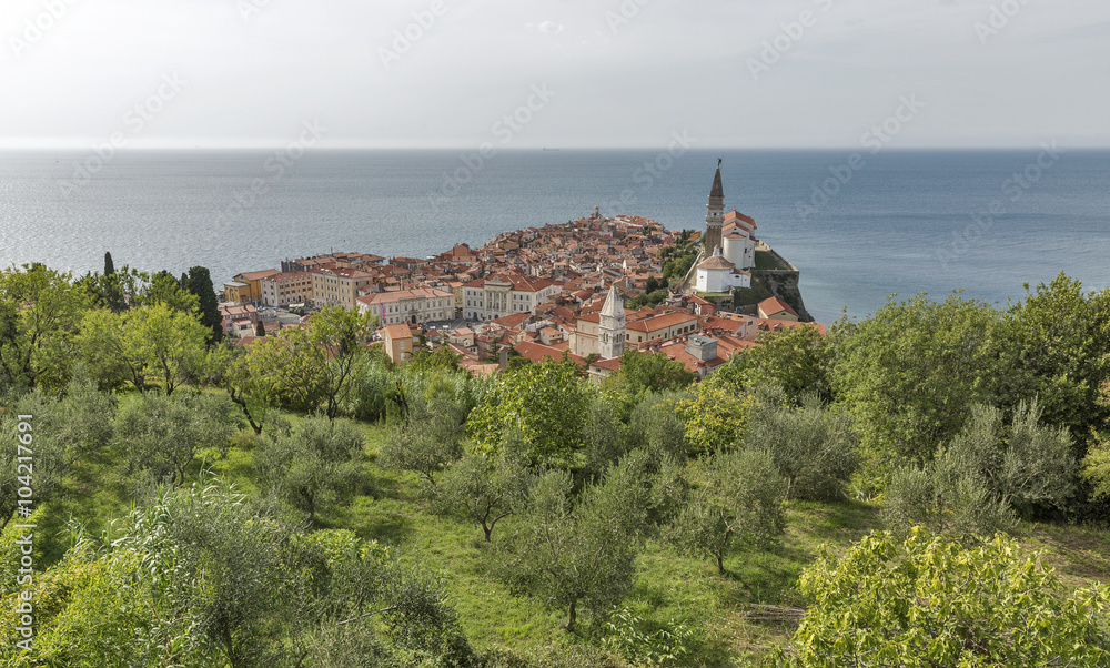 Piran Old Town cityscape, Slovenia. Aerial view. Piran Old Town cityscape, Slovenia. Aerial view.