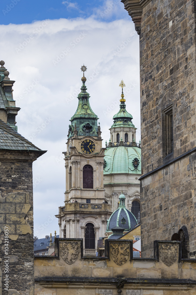 View of colorful old town in Prague taken from Charles bridge, C