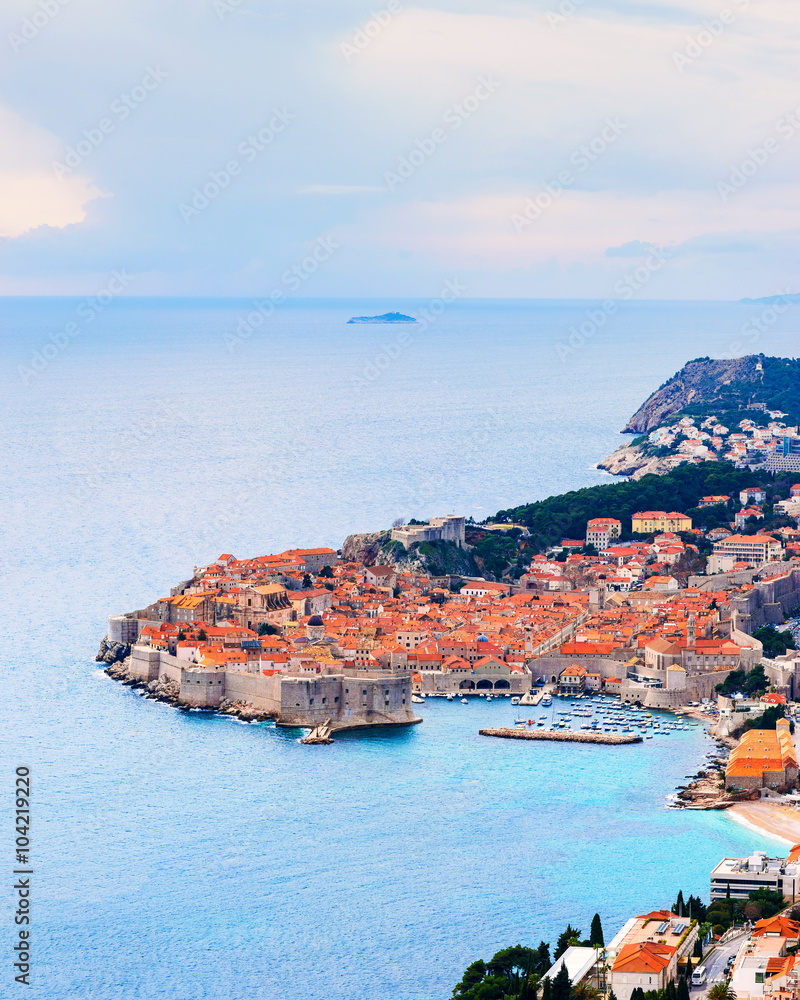 View from above and distance of Dubrovnik old city and surrounding sea and islands