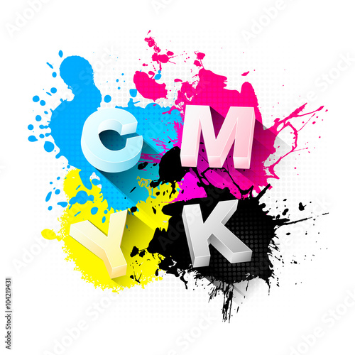 CMYK print concept with 3D letters and splashes