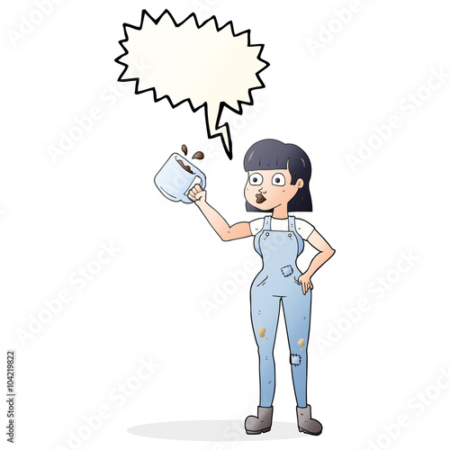speech bubble cartoon female worker with coffee mug