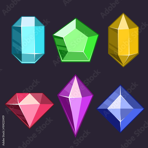 Cartoon vector gems and diamonds icons set in different colors with different shapes