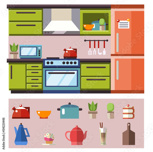 Green kitchen interior. Flat style vector illustration.