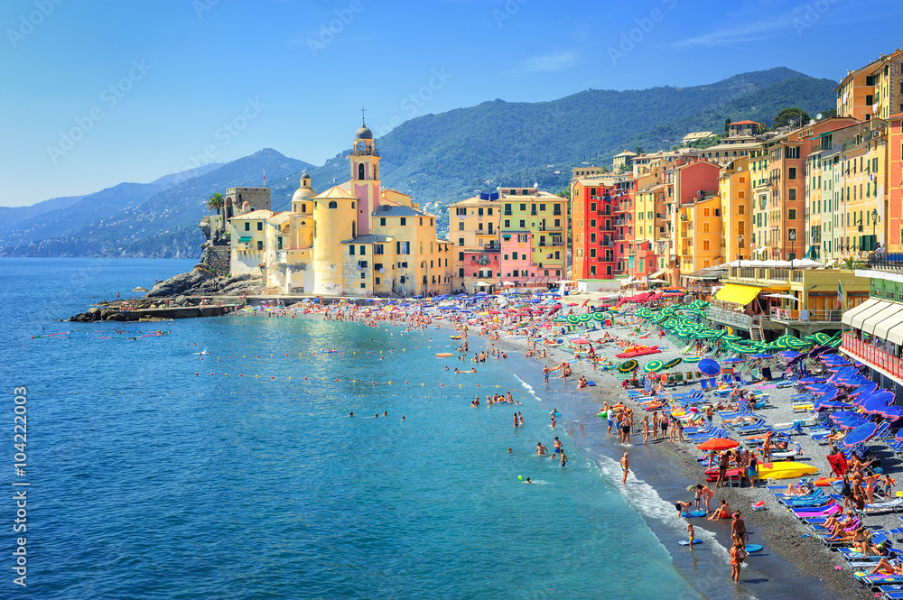 Sand beach in Camogli by Genoa, Italy - obrazy, fototapety, plakaty 