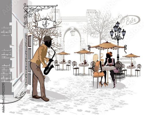 Series of the streets with people in the old city, street musicians. 