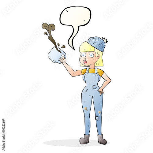 speech bubble cartoon female worker with coffee mug