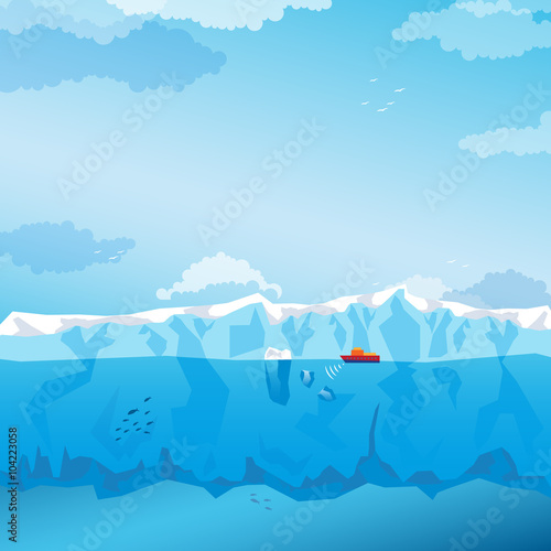 Background with long Iceberg and ship. Vector