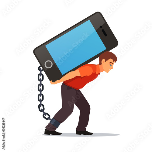 Bended man carrying big and heavy mobile phone