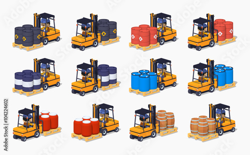 Set of the metal, plastic and wooden barrels on the forklifts. 3D lowpoly isometric vector illustration. The set of objects isolated against the white background and shown from two sides