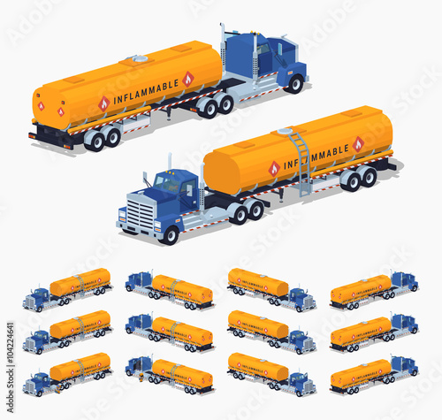 Blue truck with the orange fuel tank. 3D lowpoly isometric vector illustration. The set of objects isolated against the white background and shown from different sides