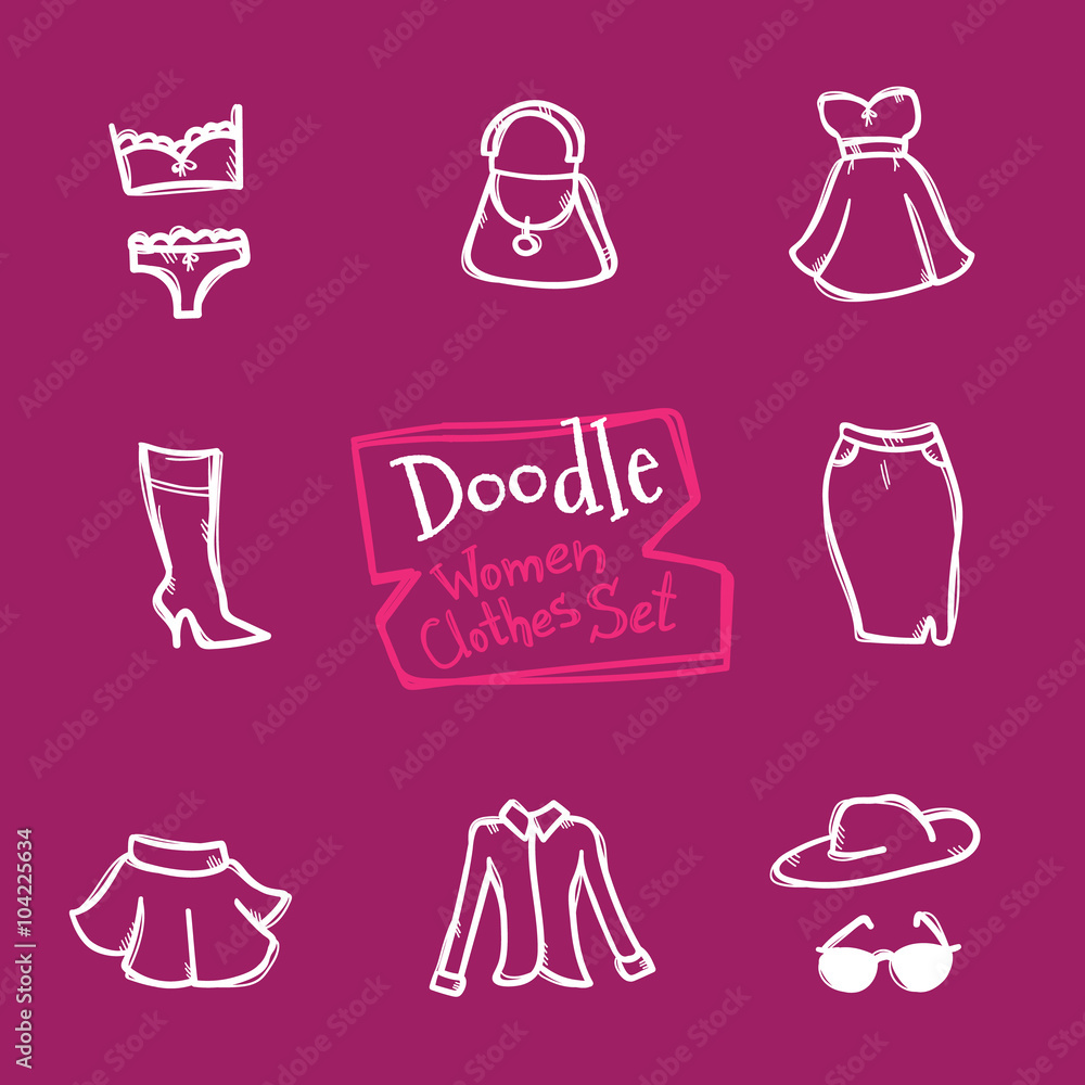 Vector doodle style women clothes icons set. Hand drawn collection of fashion objects Vector doodle style women clothes icons set. Hand drawn collection of fashion objects