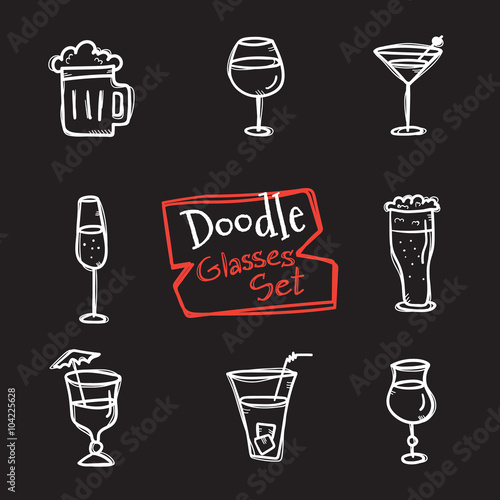 Vector doodle style glasses icons set. Hand drawn collection of drinks