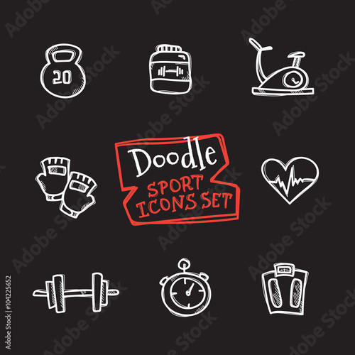 Vector doodle style line icons sports set. Cute hand drawn collection of sport objects