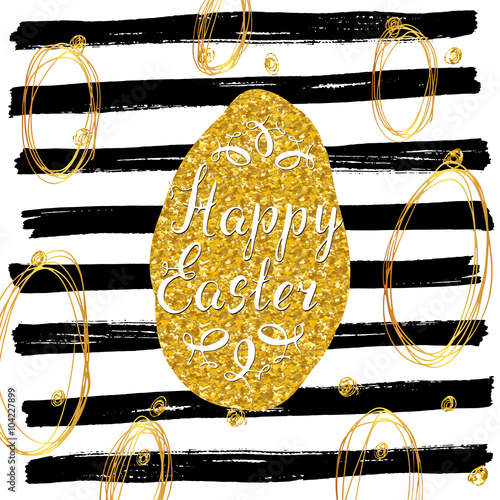 Happy Easter hand drawn greeting card with lettering and sketched doodle elements, gold glitter ester egg on black lines background