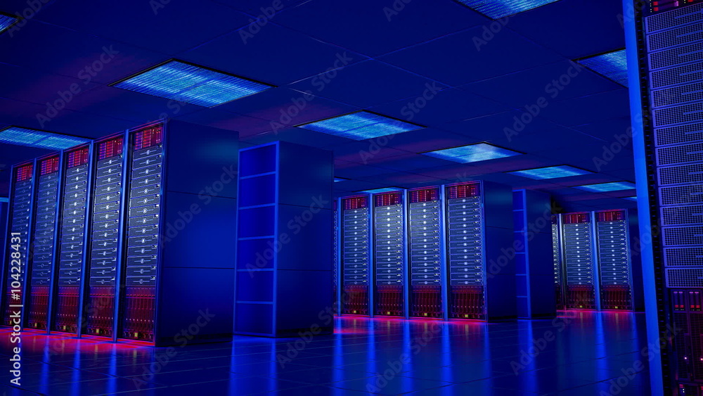Seamlessly looping animation of rack servers in cabinets inside modern ...