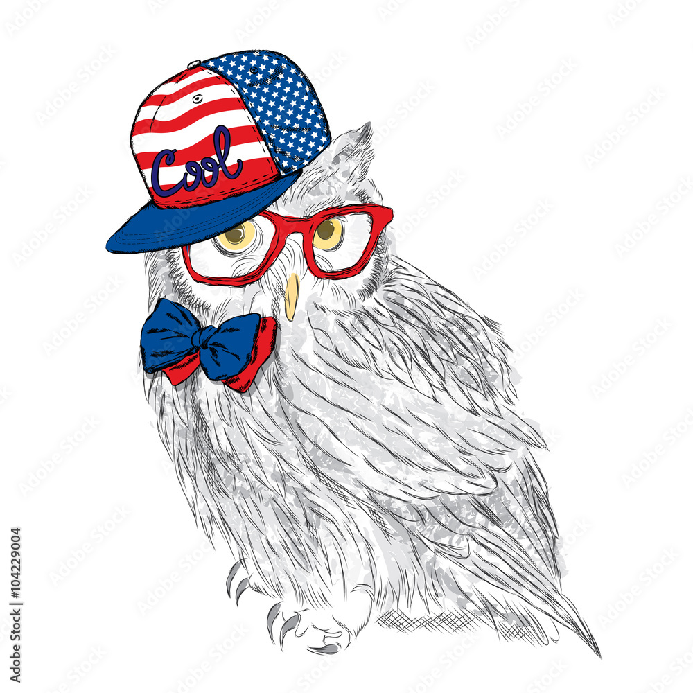Owl wearing a cap and a tie. Owl glasses. Cute owl. Print. Hipster. Painted Bird. Postcard with owl. America. USA. Patriotism.