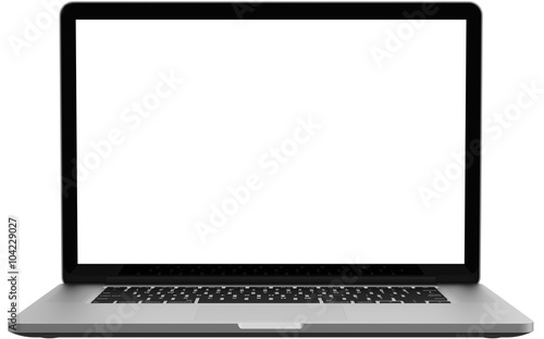 Laptop with blank screen isolated on white background, white aluminium body.Whole  in focus. High detailed. Template, mockup.