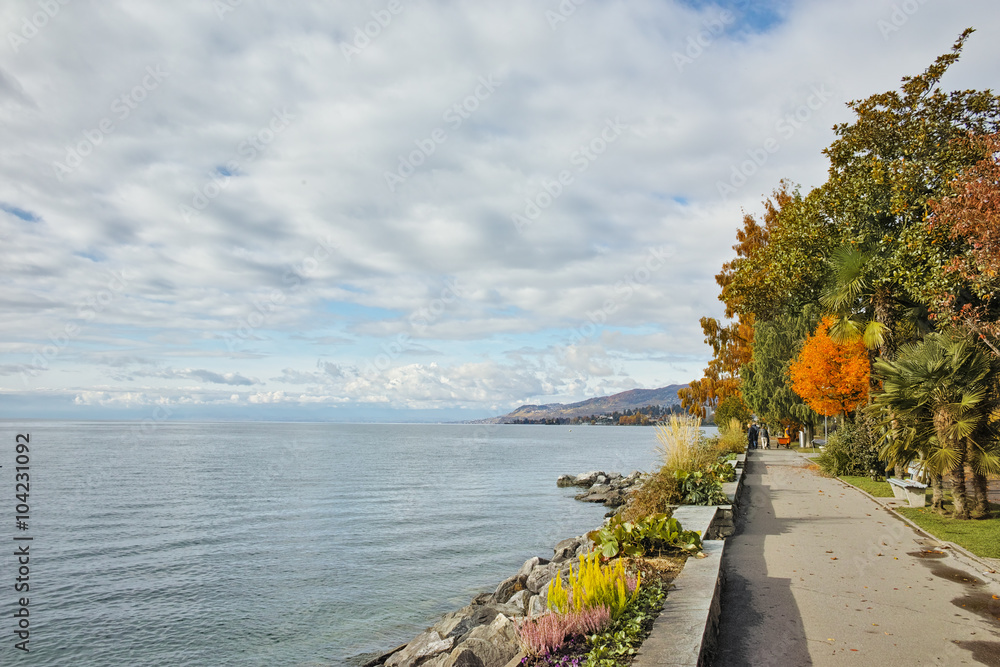 autumn Panorama of Embankment of Montreux and Lake Geneva, canton of Vaud, Switzerland