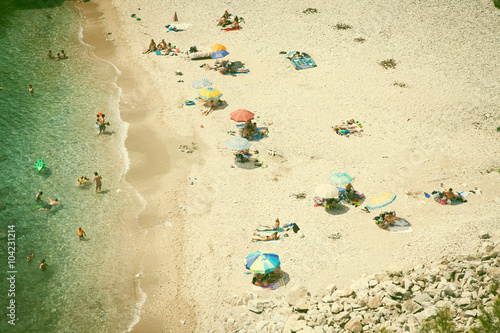 Beach holiday concept. Top view of beach. Vintage photo photo