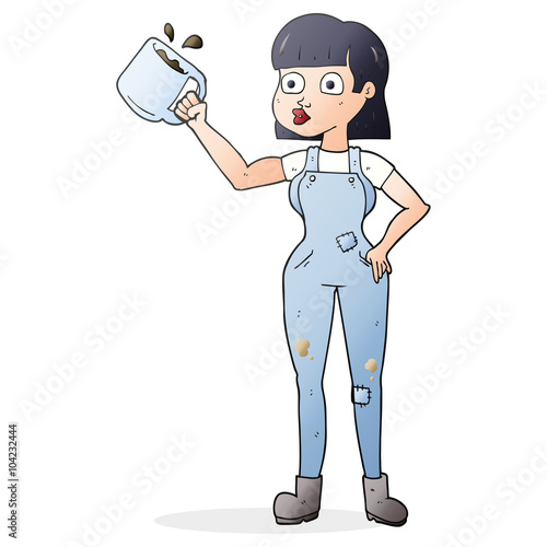 cartoon female worker with coffee mug